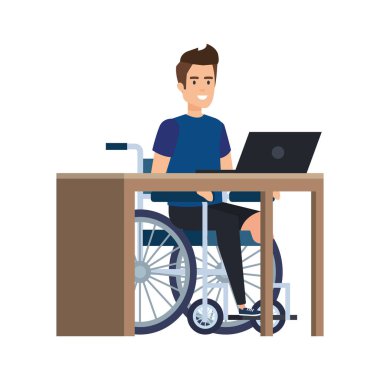 ofiste çalışan tekerlekli sandalyede genç adam