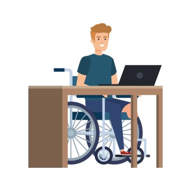 ofiste çalışan tekerlekli sandalyede genç adam