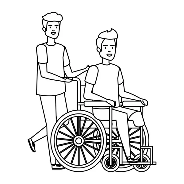 Jeune homme en fauteuil roulant avec aide masculine — Image vectorielle