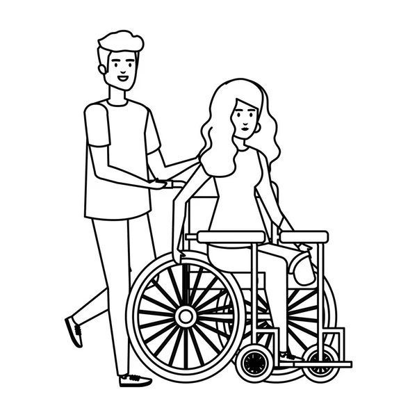 Jovem mulher em cadeira de rodas com ajudante masculino —  Vetores de Stock