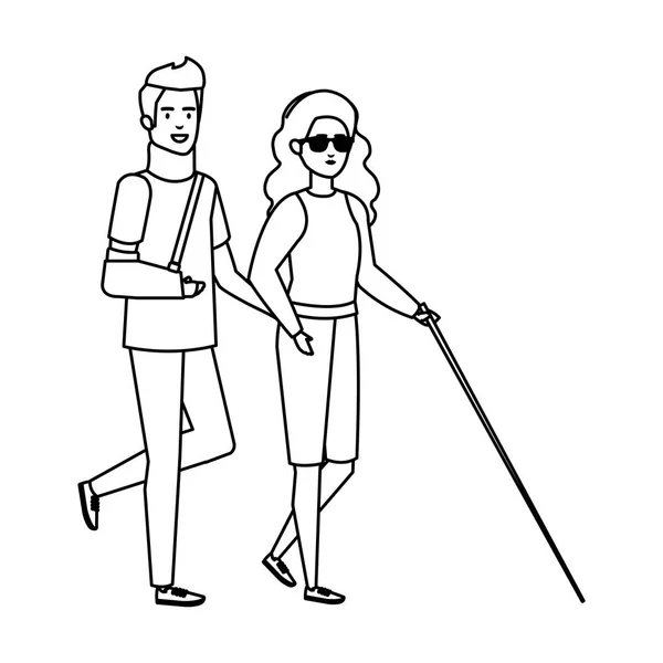 Hombre con cuello ortopédico y mujer ciega — Vector de stock