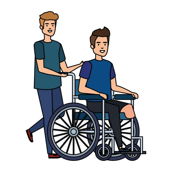 Young man in wheelchair with male helper — Stock Vector