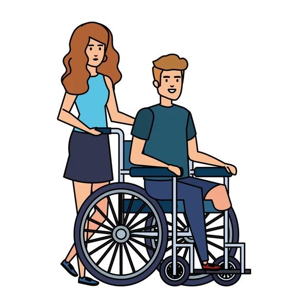 Jovem em cadeira de rodas com ajudante feminino —  Vetores de Stock