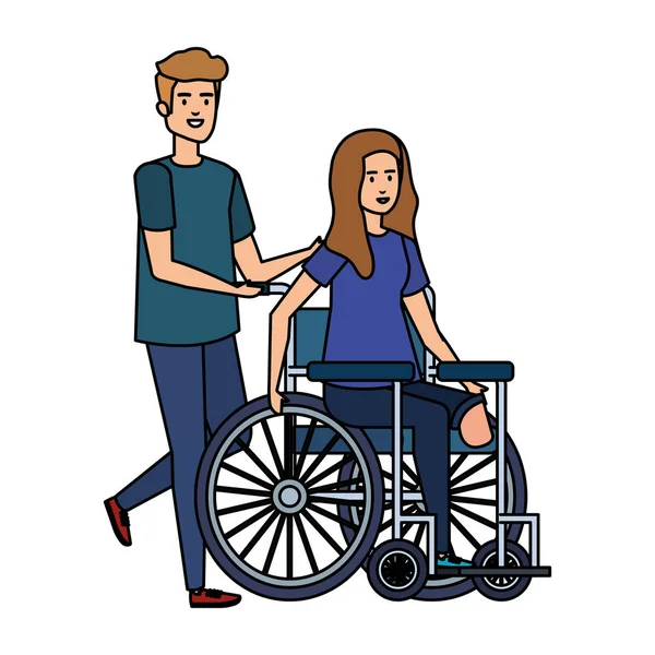 Mujer joven en silla de ruedas con ayudante masculino — Vector de stock