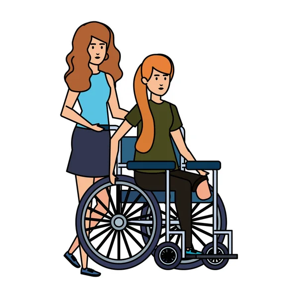 Jeune femme en fauteuil roulant avec aide féminine — Image vectorielle