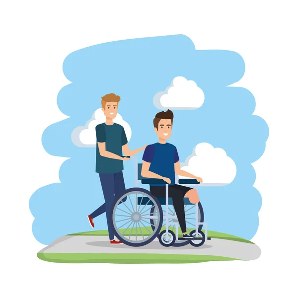 Giovane in sedia a rotelle con aiutante maschio — Vettoriale Stock