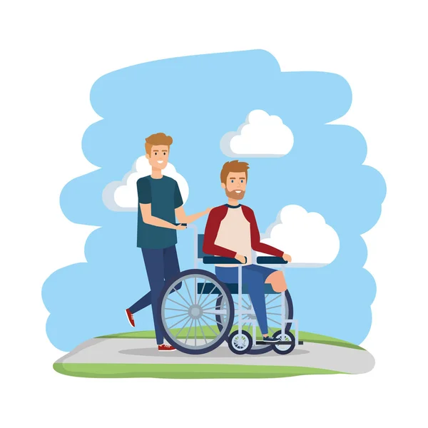 Ung man i rullstol med manliga helper — Stock vektor