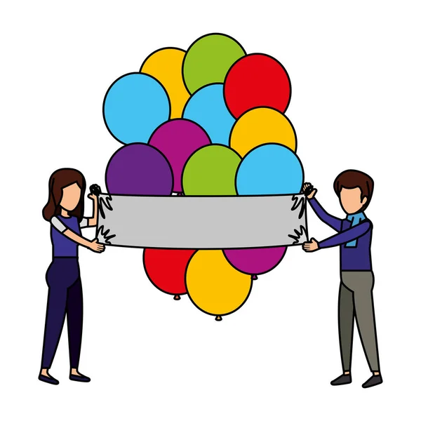 Couple with balloons helium floating — Stock Vector