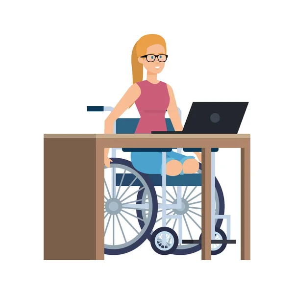 Mujer joven en silla de ruedas que trabaja en la oficina — Vector de stock