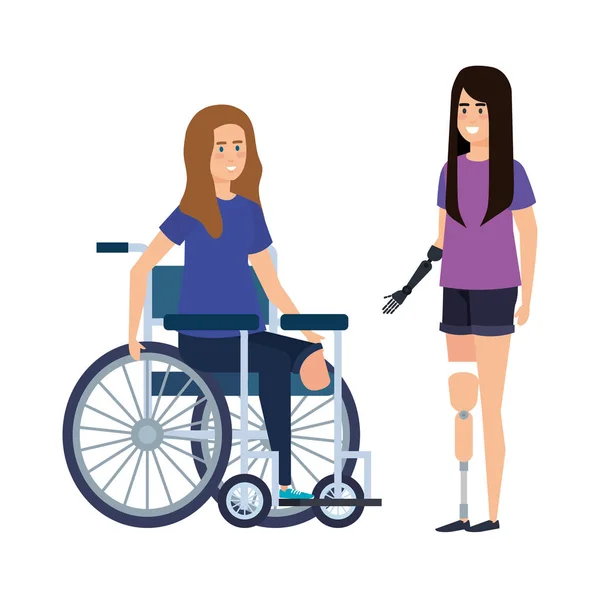 Mujer joven en silla de ruedas con ayudante femenina — Vector de stock