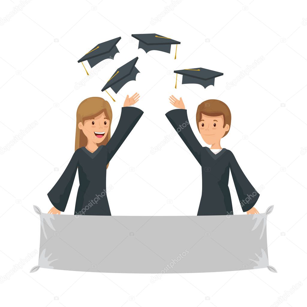 young students couple graduated characters