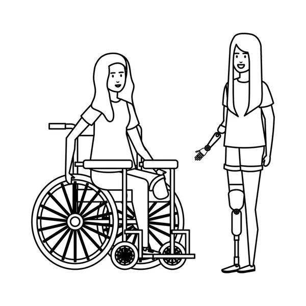 Jeune femme en fauteuil roulant avec aide féminine — Image vectorielle