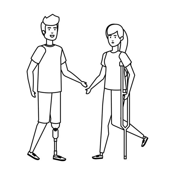 Femme en béquilles et homme avec prothèse — Image vectorielle