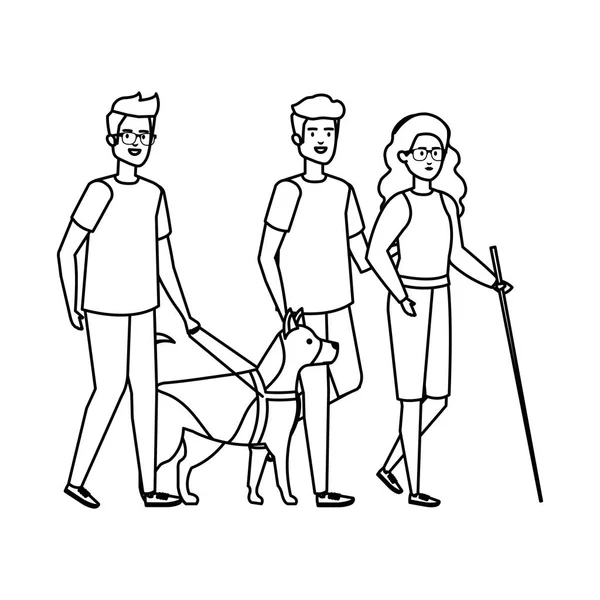 Mujer ciega con ayudante y perro guía — Vector de stock