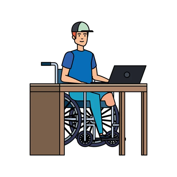 Young man in wheelchair working in the office — Stock Vector