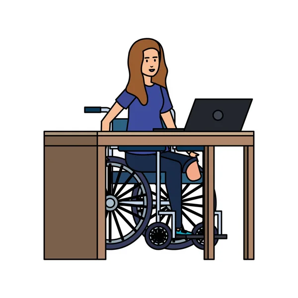 Jeune femme en fauteuil roulant travaillant dans le bureau — Image vectorielle