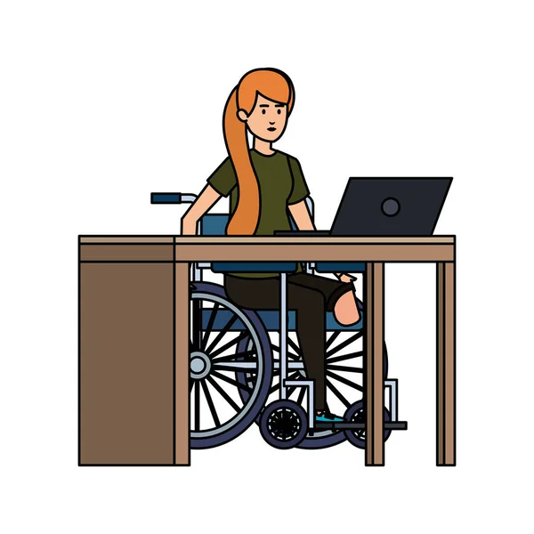 Jovem mulher em cadeira de rodas trabalhando no escritório — Vetor de Stock