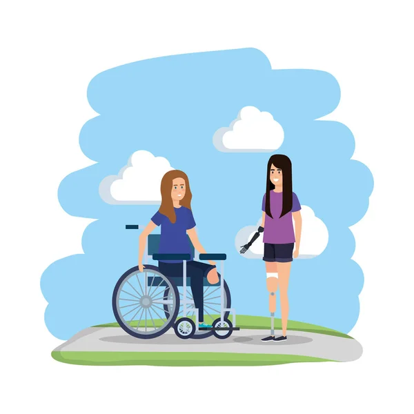 Jovem mulher em cadeira de rodas com ajudante feminino — Vetor de Stock