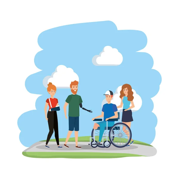Mladý muž na invalidním vozíku s přáteli v parku — Stockový vektor