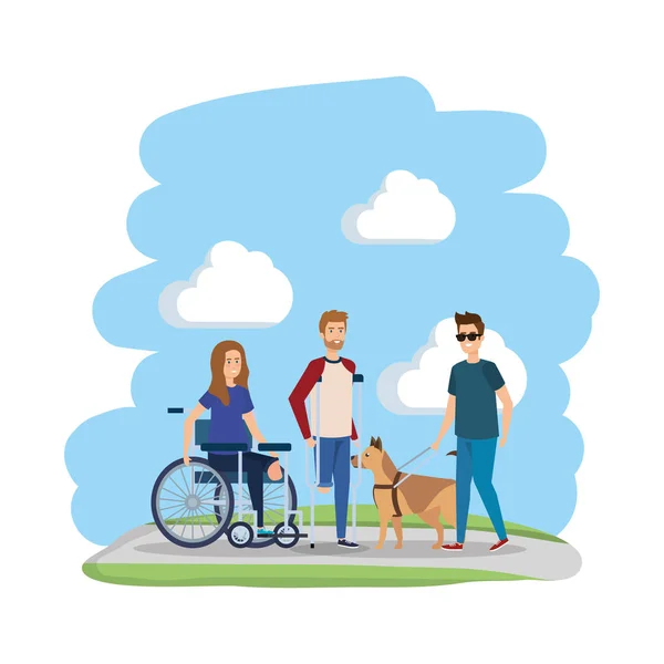 Mujer joven en silla de ruedas con amigos — Vector de stock