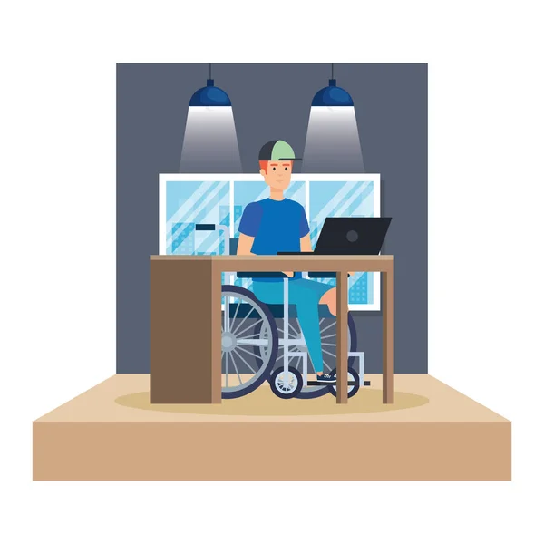 Young man in wheelchair working in the office — Stock Vector