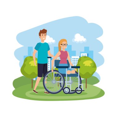 genç kadın ile erkek yardımcı tekerlekli sandalyede