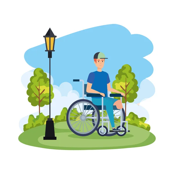 Jeune homme en fauteuil roulant dans le parc — Image vectorielle