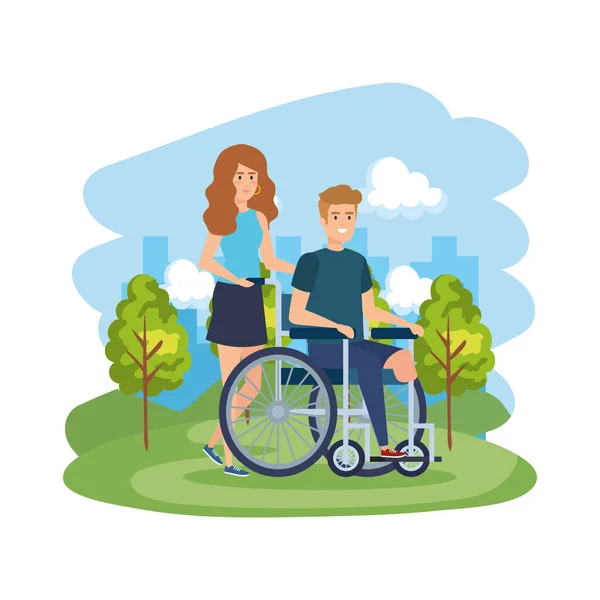 Young man in wheelchair with female helper — Stock Vector