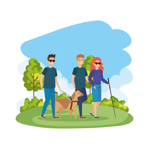 Mujer ciega con bastón y perro guía — Vector de stock