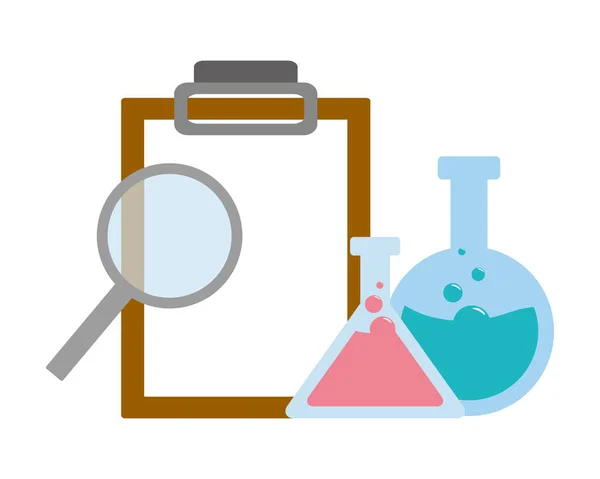 Lupa de tubos de ensayo y ciencia del portapapeles — Vector de stock