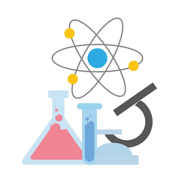 Tubos de ensaio de microscópio e átomo —  Vetores de Stock