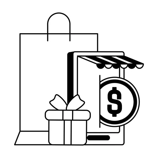Smarphone avec sac à provisions et cadeau — Image vectorielle