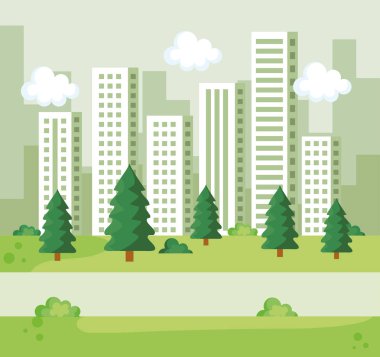 Park pines ağaçlar ve çalılar ile bina ile