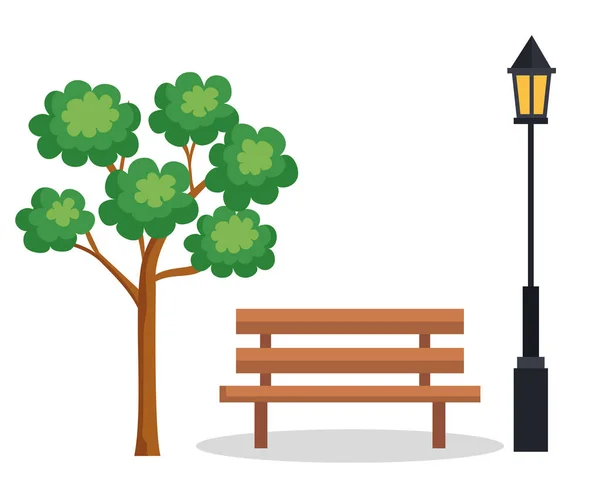 公園に自然木の椅子とランプをセットします。 — ストックベクタ