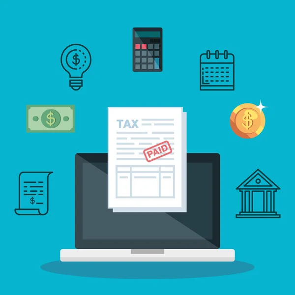 Laptop com relatório de imposto de serviço e calculadora — Vetor de Stock