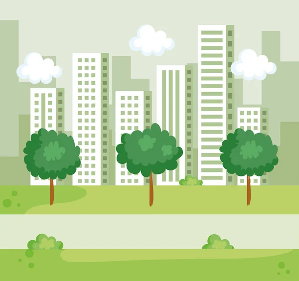 Árboles de la naturaleza con arbustos y construcción de paisaje urbano — Vector de stock