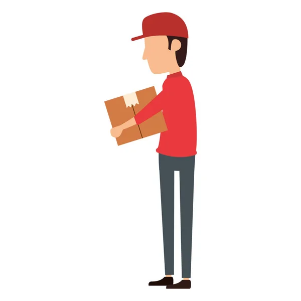 Delivery worker lifting box character — Stock Vector