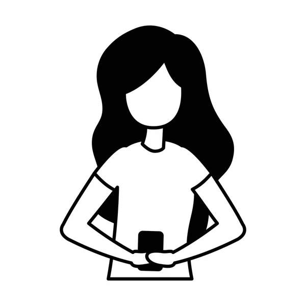 Молодая женщина с персонажем аватара смартфона — стоковый вектор