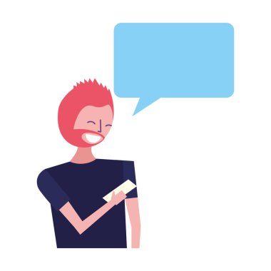 adam akıllı telefon ve konuşma balonu karakteri ile