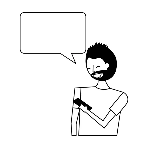 Homem com smartphone e personagem de bolha de fala —  Vetores de Stock
