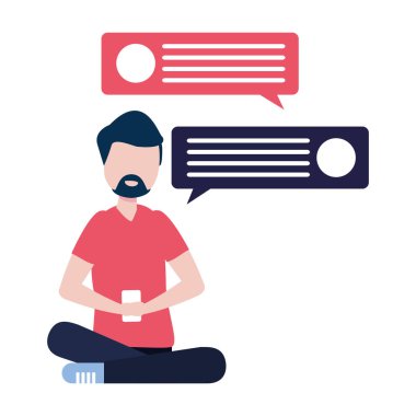 adam akıllı telefon ve konuşma balonu karakteri ile