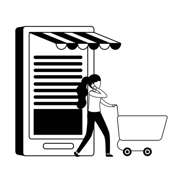 Mulher com smartphone e carrinho de compras —  Vetores de Stock