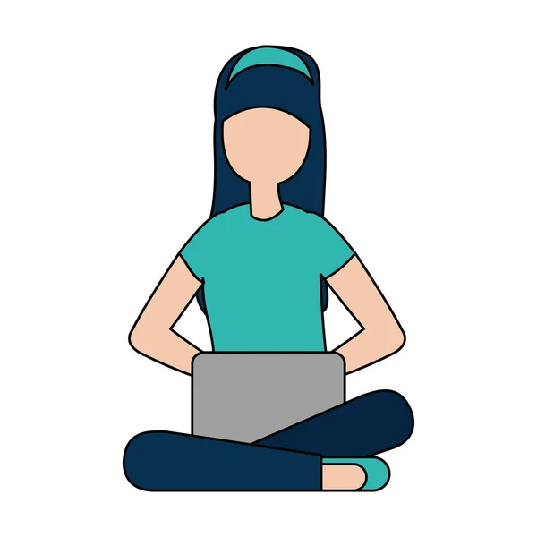 Kvinna med laptop dator avatar tecken — Stock vektor