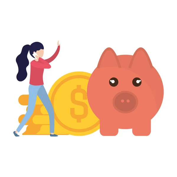 Женщина со свиньей и монеты изолированный значок — стоковый вектор