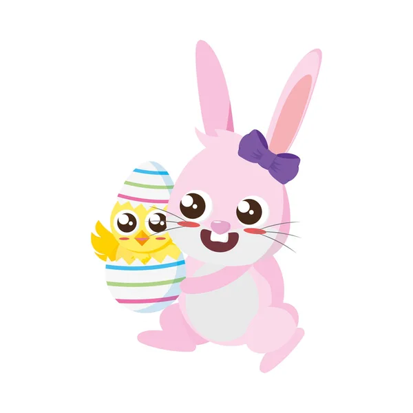 Beau lapin avec poussin né caractère de Pâques — Image vectorielle