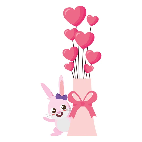 Beautiful rabbit with hearts balloons helium easter character — Stock Vector