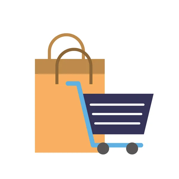 Carrito de compras en línea y bolsa de papel — Vector de stock