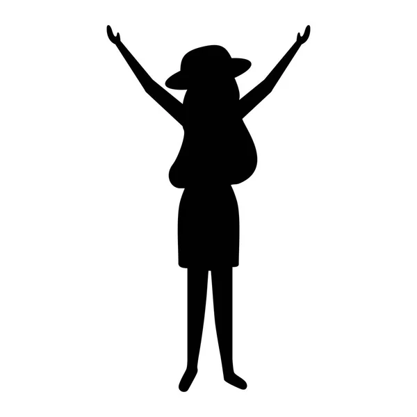 Siluett kvinna med hatt och ryggsäck — Stock vektor