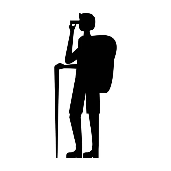 Uomo escursionismo con bastone zaino binocolo — Vettoriale Stock