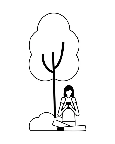 Woman using mobile sitting near tree — Stock Vector